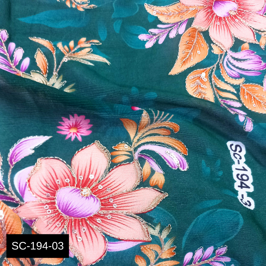 Beautiful Green Floral Position Print Chinon Fabric With Embroidery - Attributes: Washable