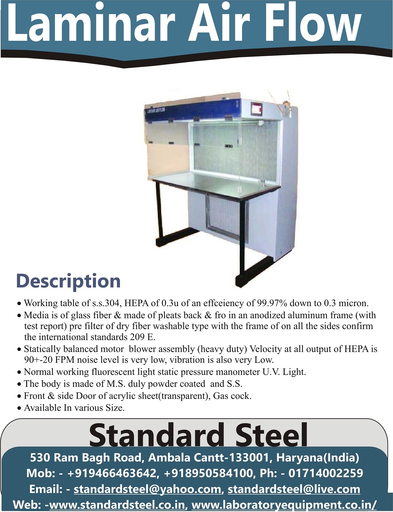 Horizontal Laminar Air Flow Cabinet - Stainless Steel S.s.304, 2' X 2' X 2' To 6' X 2' X 2' Sizes, Hepa 99.97% Efficiency, Low Noise & Vibration