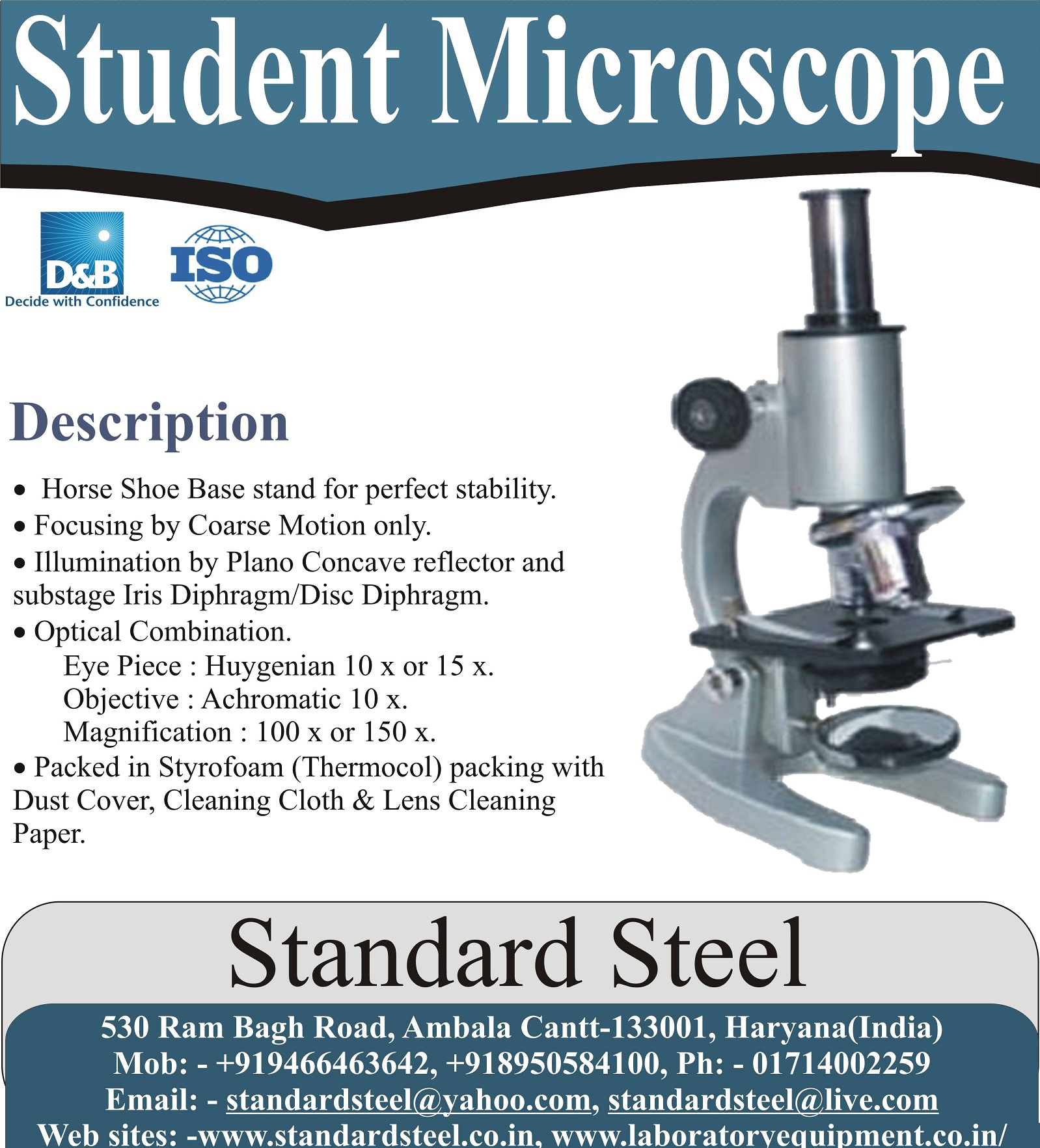 Standard Steel Student Microscope - 6x, 10x, 15x Huygenian Eyepieces | Triple Nosepiece, Achromatic Objectives 10x, 40x (Sl), Coarse & Fine Focusing Knobs