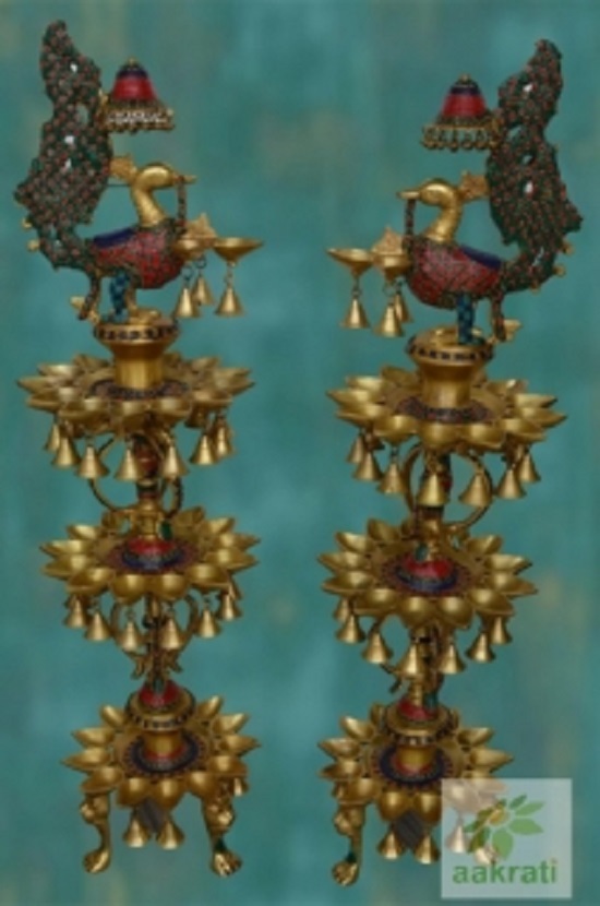 Diya Stand Three Floor In Brass With Decorative Work Set Of 2
