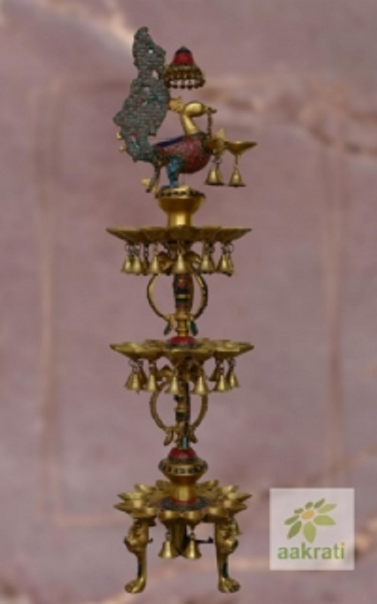 Diya Stand Three Floor In Brass With Decorative Work Set Of 2
