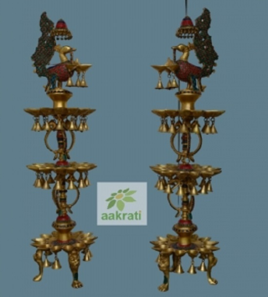 Diya Stand Three Floor In Brass With Decorative Work Set Of 2
