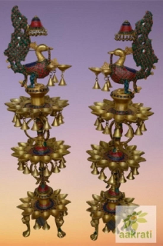 Diya Stand Three Floor In Brass With Decorative Work Set Of 2