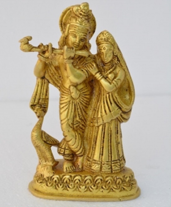 Golden Radha Krishna Hand Carved Brass Metal Murti Statue