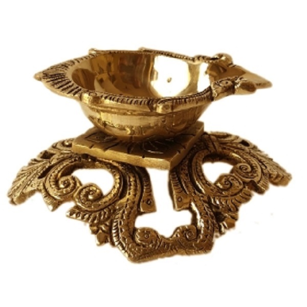 Brass Made Hand Carved Pooja Gahr Oil Lamp With Decorative Stand