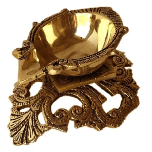 Brass Made Hand Carved Pooja Gahr Oil Lamp With Decorative Stand