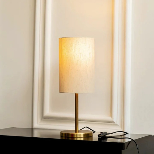 Bedroom Table Lamp Gold Antique Brass Finish With Off White Cylinder Lampshade - Material: Metal