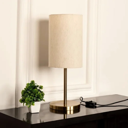 Bedroom Table Lamp Gold Antique Brass Finish with Off White Cylinder Lampshade