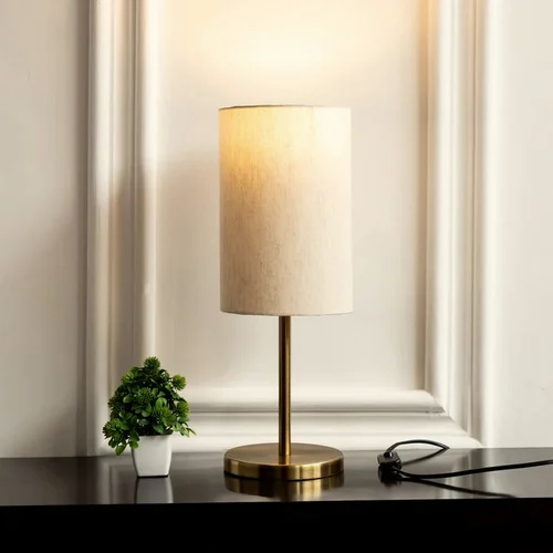 Bedroom Table Lamp Gold Antique Brass Finish with Off White Cylinder Lampshade