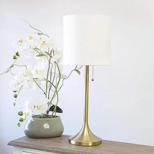 Simple Designs Gold Finish Fabric Drum Shade Table Lamp - Color: White