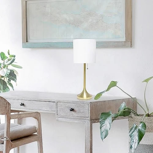Simple Designs Gold Finish Fabric Drum Shade Table Lamp