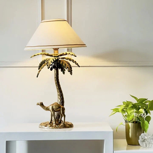 Antique Brass Finish Metal Design Tropical Oasis Camel Palm Tree Table Lamp - Color: White