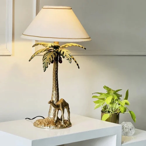Antique Brass Finish Metal Design Tropical Oasis Camel Palm Tree Table Lamp