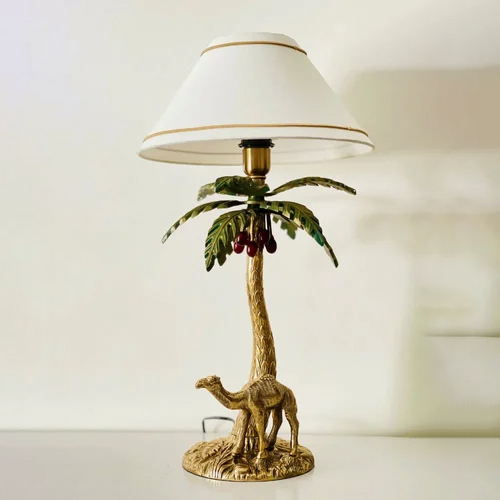 Antique Brass Finish Metal Design Tropical Oasis Camel Palm Tree Table Lamp