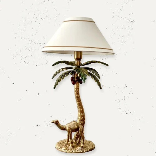 Antique Brass Finish Metal Design Tropical Oasis Camel Palm Tree Table Lamp - Color: White
