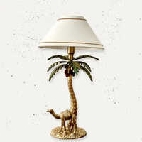 Antique Brass Finish Metal Design Tropical Oasis Camel Palm Tree Table Lamp