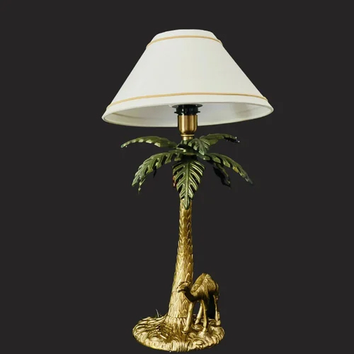 Antique Brass Finish Metal Design Tropical Oasis Camel Palm Tree Table Lamp
