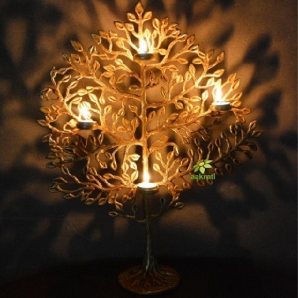 Aakrati Desirable Tree Showcase with Tea Lights for Home Hotel Living Room Decor Made of Brass