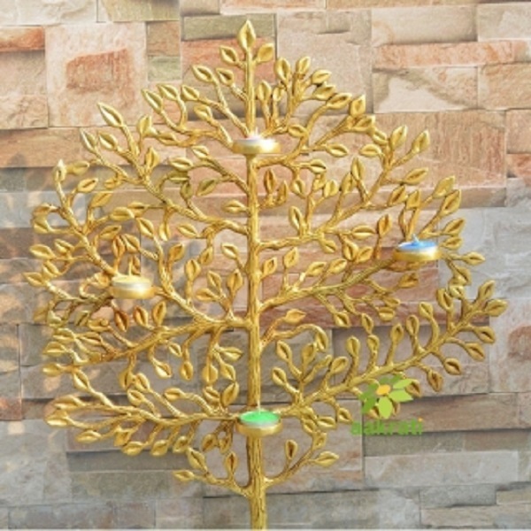 Aakrati Desirable Tree Showcase with Tea Lights for Home Hotel Living Room Decor Made of Brass