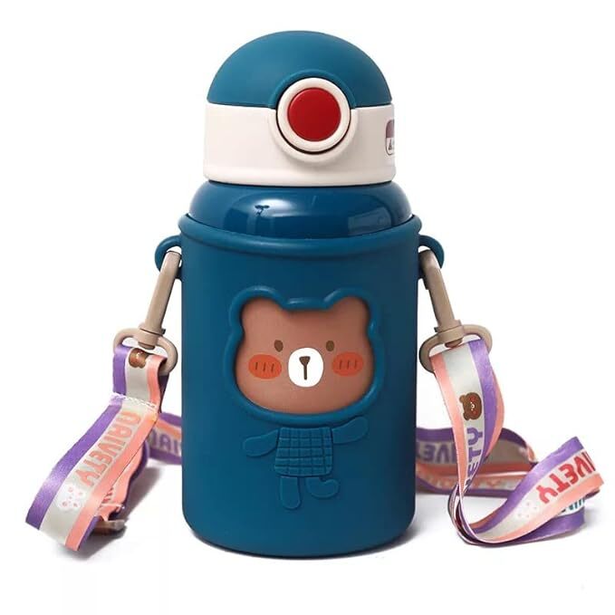 CherryBox Baby Bear Stainless Steel Sipper Water Bottle with Silicon Cover Flask - 450ml with Double Wall Thermos with Straw and Cup with DIY Stickers