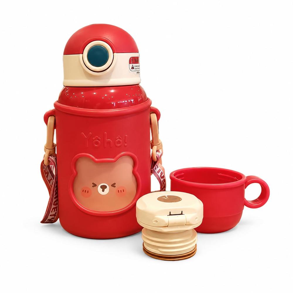 Cherrybox Baby Bear Stainless Steel Sipper Water Bottle With Silicon Cover Flask - 450Ml With Double Wall Thermos With Straw And Cup With Diy Stickers - Color: Multi Color