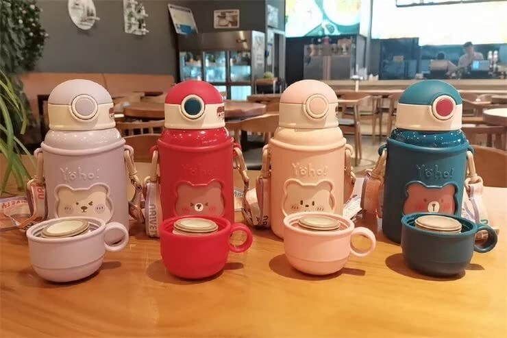 Cherrybox Baby Bear Stainless Steel Sipper Water Bottle With Silicon Cover Flask - 450ml With Double Wall Thermos With Straw And Cup With Diy Stickers - Color: Multi Color