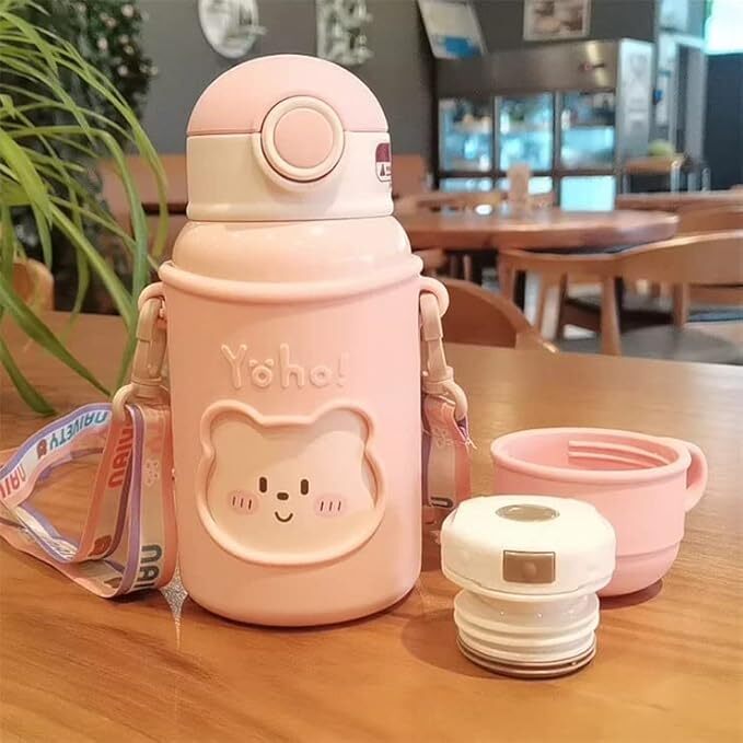 CherryBox Baby Bear Stainless Steel Sipper Water Bottle with Silicon Cover Flask - 450ml with Double Wall Thermos with Straw and Cup with DIY Stickers