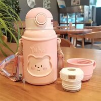 CherryBox Baby Bear Stainless Steel Sipper Water Bottle with Silicon Cover Flask - 450ml with Double Wall Thermos with Straw and Cup with DIY Stickers