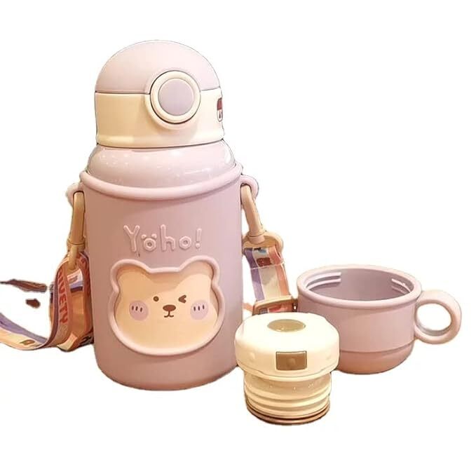 CherryBox Baby Bear Stainless Steel Sipper Water Bottle with Silicon Cover Flask - 450ml with Double Wall Thermos with Straw and Cup with DIY Stickers