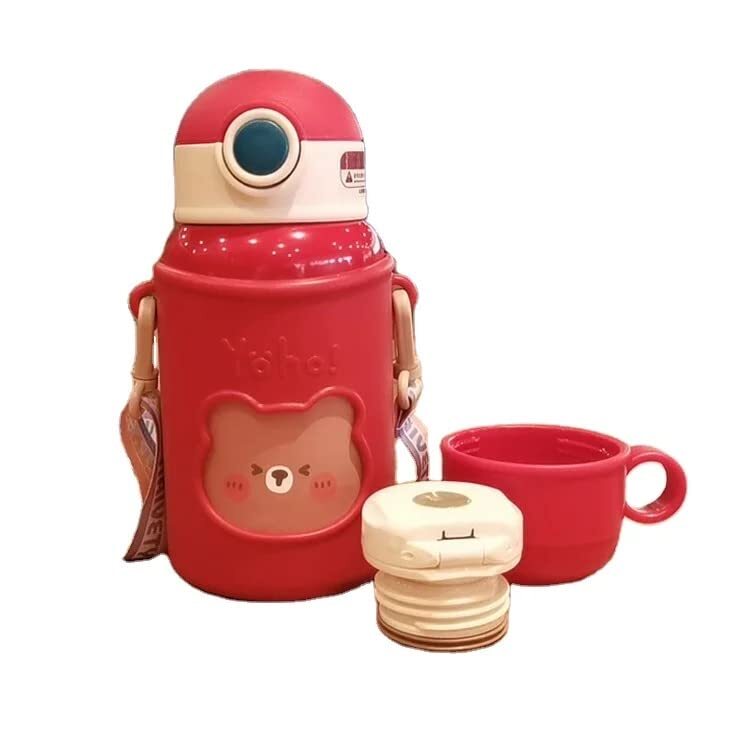 Cherrybox Baby Bear Stainless Steel Sipper Water Bottle With Silicon Cover Flask - 450ml With Double Wall Thermos With Straw And Cup With Diy Stickers - Color: Multi Color