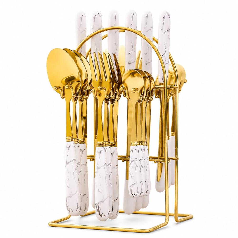 24 Piece Emerald Green Marble Gold Cutlery Set With Rack Royal Stainless Steel Flatware - Color: Multi Color
