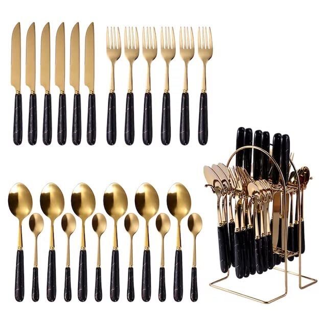 CherryBox Spoon Fork & Knife Set - Cutlery Set with Stand - Gold Plated | Stainless Steel - 24 Pcs