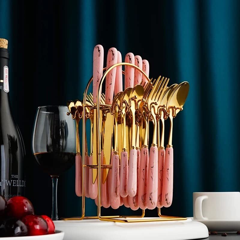 CherryBox Spoon Fork & Knife Set - Cutlery Set with Stand - Gold Plated | Stainless Steel - 24 Pcs