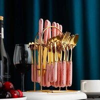 CherryBox Spoon Fork & Knife Set - Cutlery Set with Stand - Gold Plated | Stainless Steel - 24 Pcs