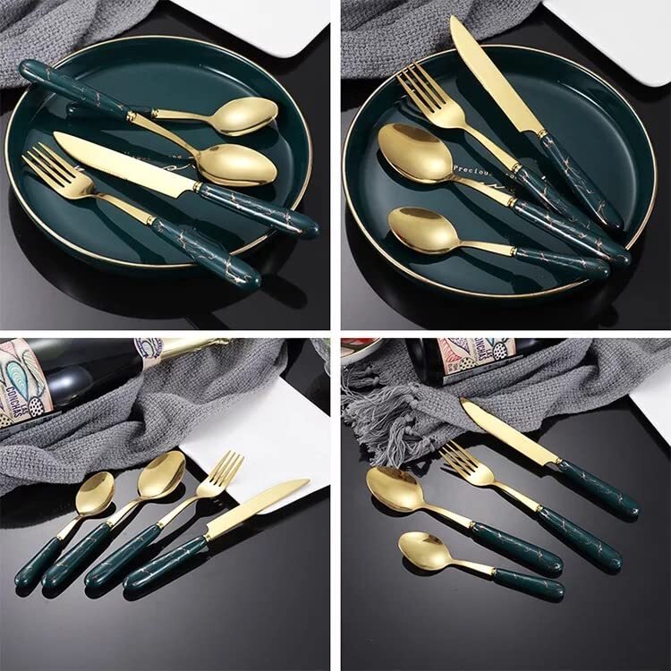 CherryBox Spoon Fork & Knife Set - Cutlery Set with Stand - Gold Plated | Stainless Steel - 24 Pcs