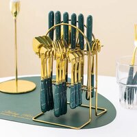 CherryBox Spoon Fork & Knife Set - Cutlery Set with Stand - Gold Plated | Stainless Steel - 24 Pcs