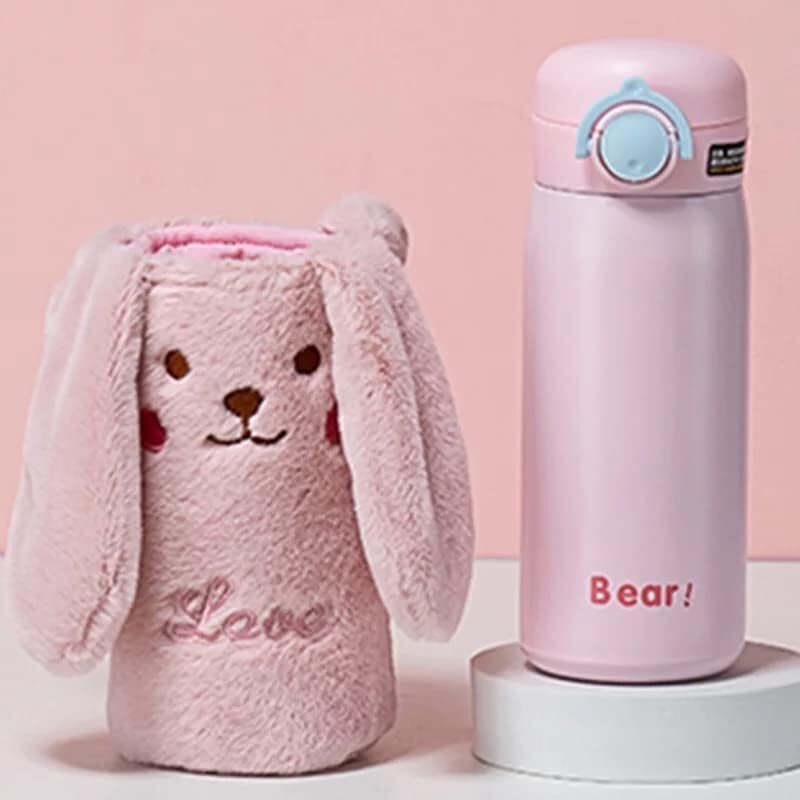 Cherrybox Cute Rabbit Plush Cloth Cover Bottle For Kids 316 Stainless Steel 350Ml Double Wall Insulated - Color: Pink