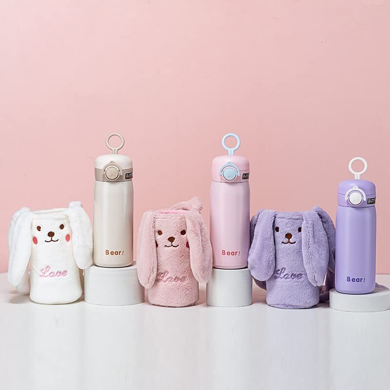 CherryBox Cute Rabbit Plush Cloth Cover Bottle for Kids 316 Stainless Steel 350ml Double Wall Insulated