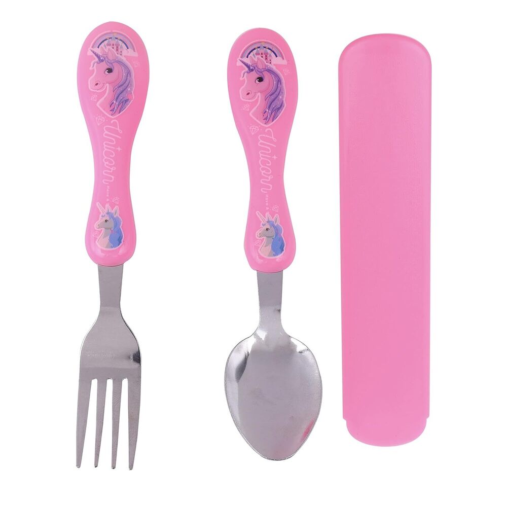 Cherrybox Spoon & Fork Set - Stainless Steel With Carry Case For Kids With Cute Cartoon Character - Color: Multi Color