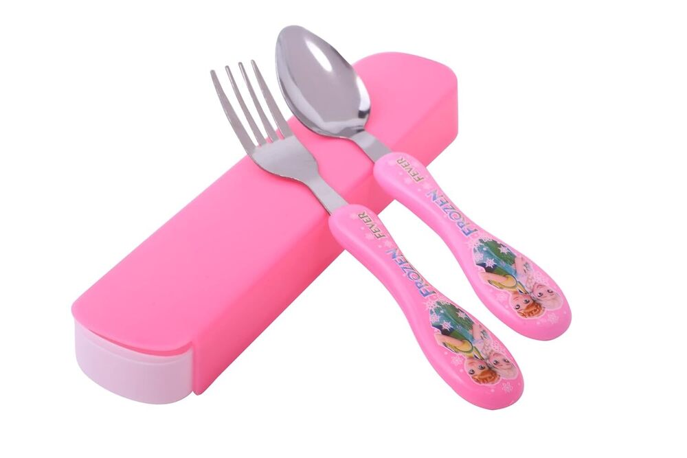CherryBox Spoon & Fork Set - Stainless Steel with Carry Case for Kids with Cute Cartoon Character