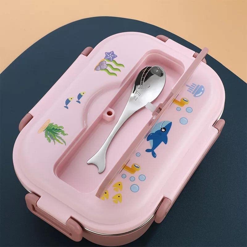 Cherrybox Stainless Steel Kids Insulated Lunch Box With Fish Shape Spoon 1000 Ml For Kids - Color: Pink And Blue