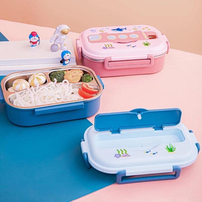 Cherrybox Stainless Steel Kids Insulated Lunch Box With Fish Shape Spoon 1000 Ml For Kids - Color: Pink And Blue