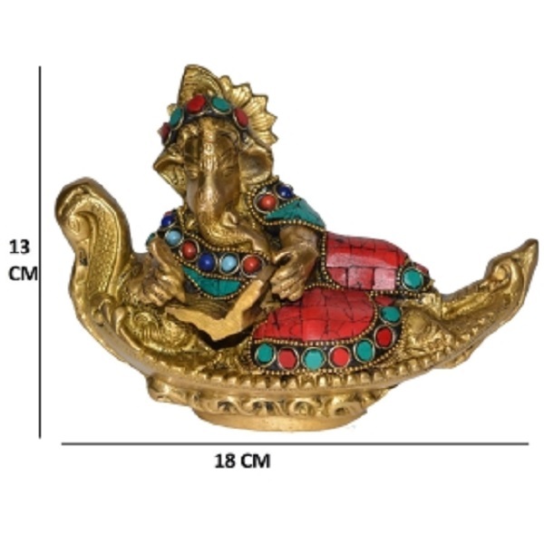 Lord Ganesha Reclining Stone Work Brass Metal Statue