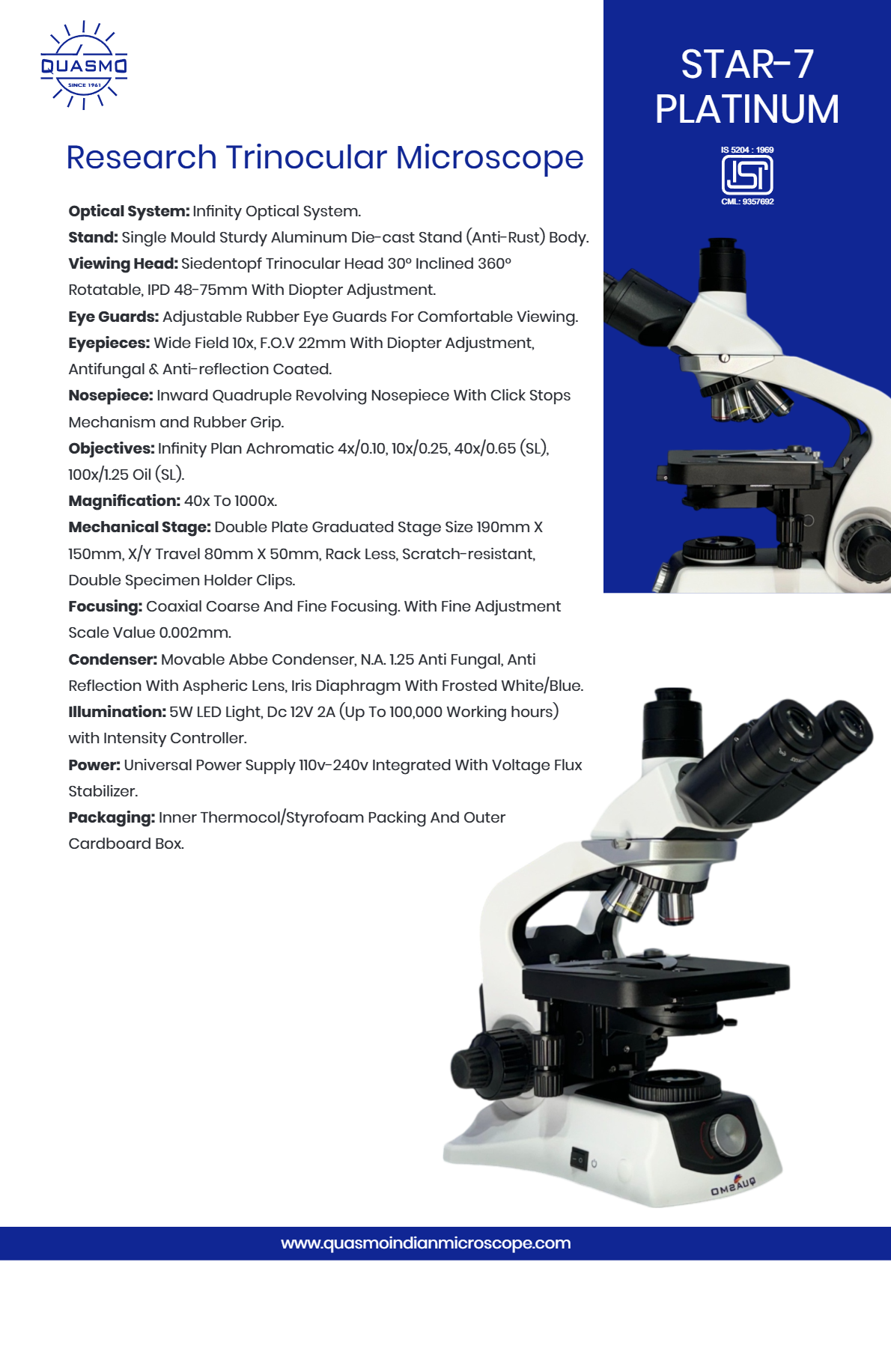  STAR-7 PLATINUM RESEARCH TRINOCULAR MICROSCOPE 