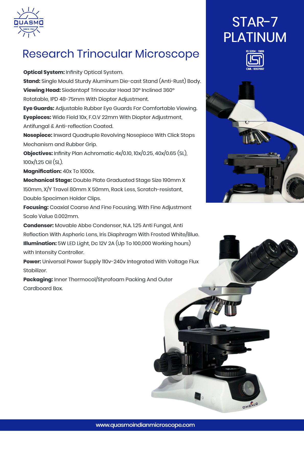 Star-7 Platinum Research Trinocular Microscope - Coarse Adjustment Range: 70.1db