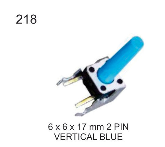 6X6X17 MM 2 PIN BLUE VERTICAL TACTILE SWITCH - NO METAL MATERIAL, ROHS COMPLIANT | KNOB COLOR: BLUE, 2 PINS, 1000 PIECE MOQ