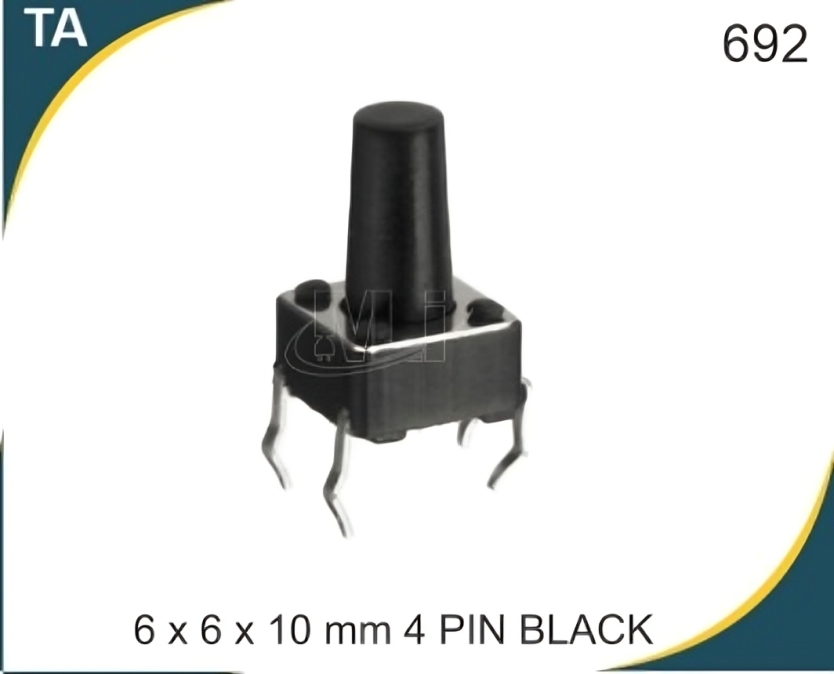6X6X10 MM 2 PIN Black Tactile Switch - Metal, 2 Pins, Black Knob Color | ROHS Compliant, Ideal for Precision Control Applications