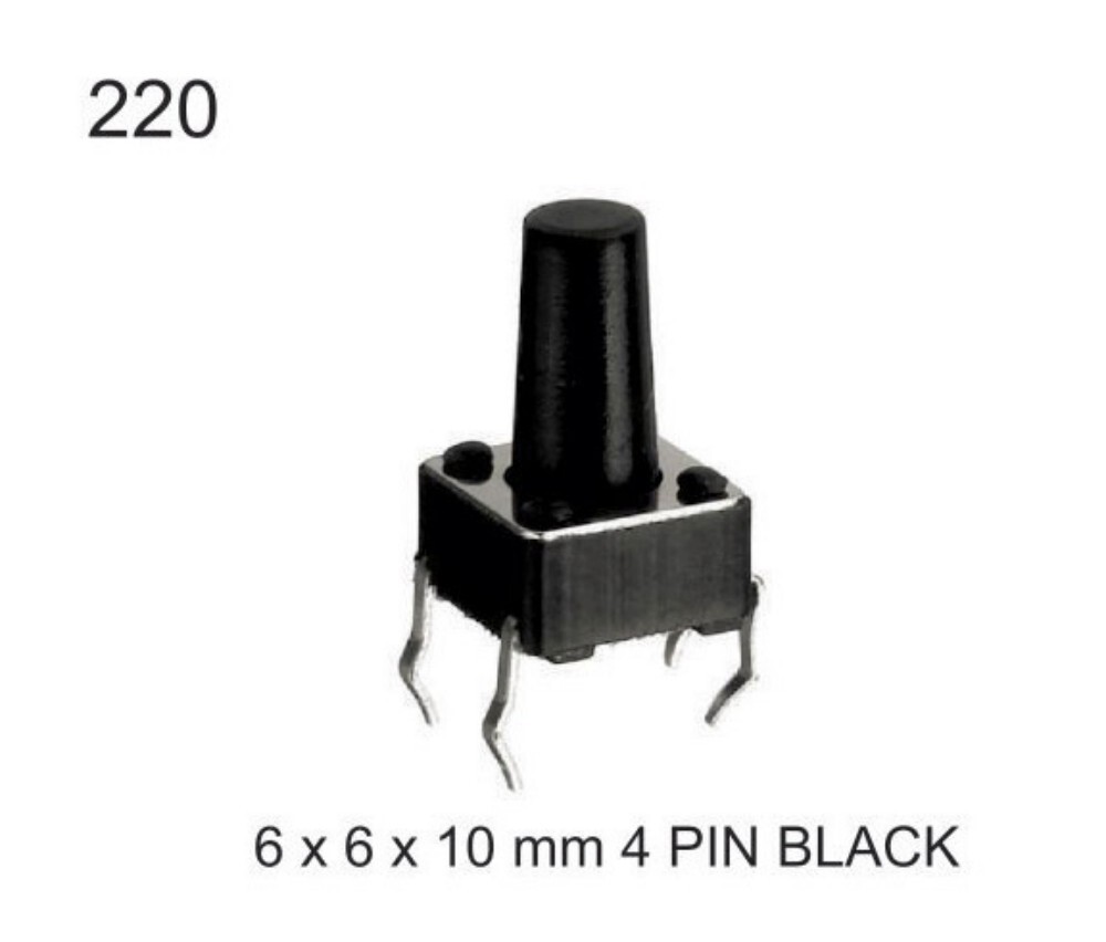 6X6X10MM 4 PIN BLACK - Plastic Tactile Switch, 3V Max Voltage, 2A Rated Current | High-Durability, SMT/THT Mounting Options, Ideal for Electronics