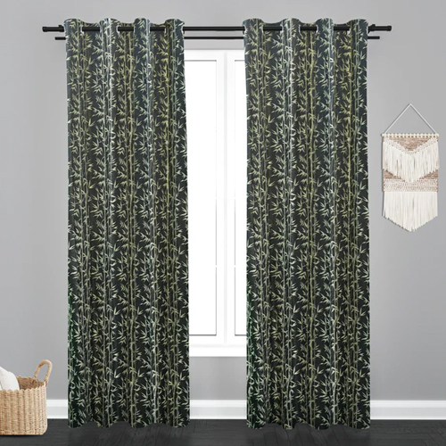 Grey Doha Leaf Design Polycott Fabric Curtain - Pattern: Printed