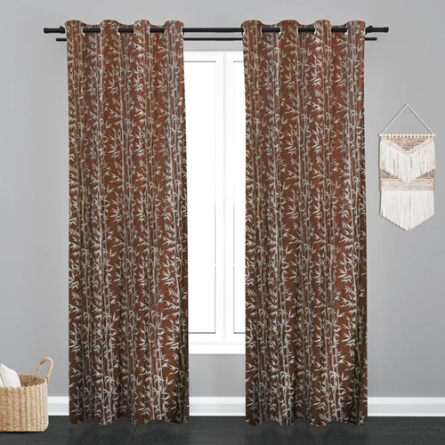 Doha Leaf Design Polycott Fabric Curtain - Color: Brown